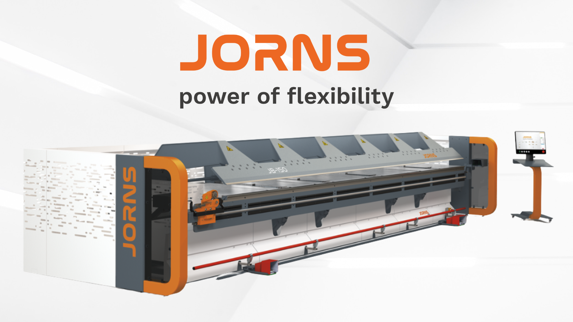 Rendering of a JORNS industrial machine with a digital control panel; gray and orange design, labeled JORNS, on a white background, emphasizing flexibility in manufacturing.