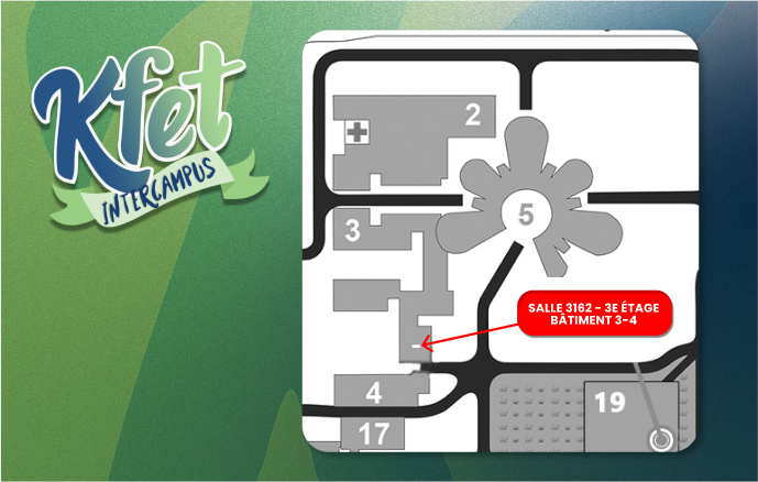 Plan du campus avec un marquage indiquant la salle 3162, 3ème étage, bâtiments 3-4, et autres bâtiments numérotés, ainsi qu'un logo 'Kfet Intercampus' en haut à gauche.