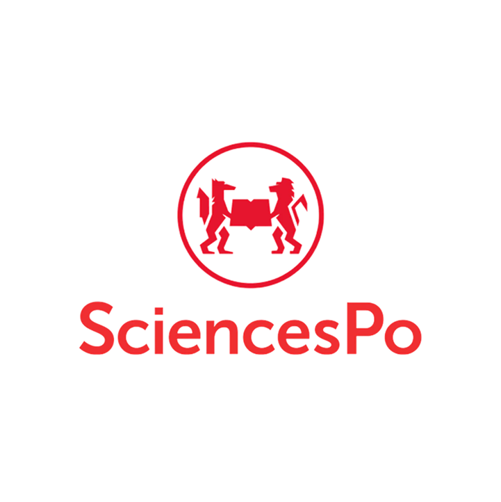 Logo de SciencesPo avec deux lions en mode mythologique se tenant de part et d'autre d'un livre ouvert, le tout en rouge sur fond noir.