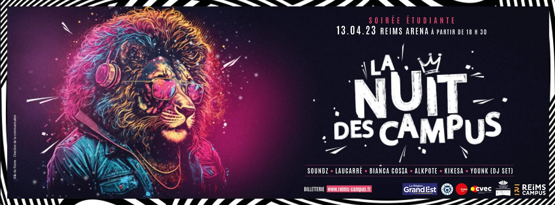 Affiche promotionnelle pour la soirée étudiante 'La Nuit des Campus' à Reims, date 13.04.23, avec une illustration d'un lion anthropomorphe portant des lunettes de soleil, des écouteurs, une veste en denim, et un bandeau de musique, avec des textes e