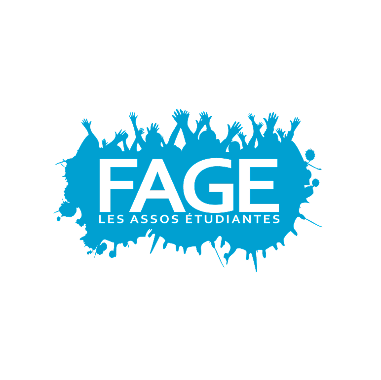 Logo en bleu avec des silhouettes de mains levées et le texte "FAGE LES ASSOS ÉTUDIANTES".