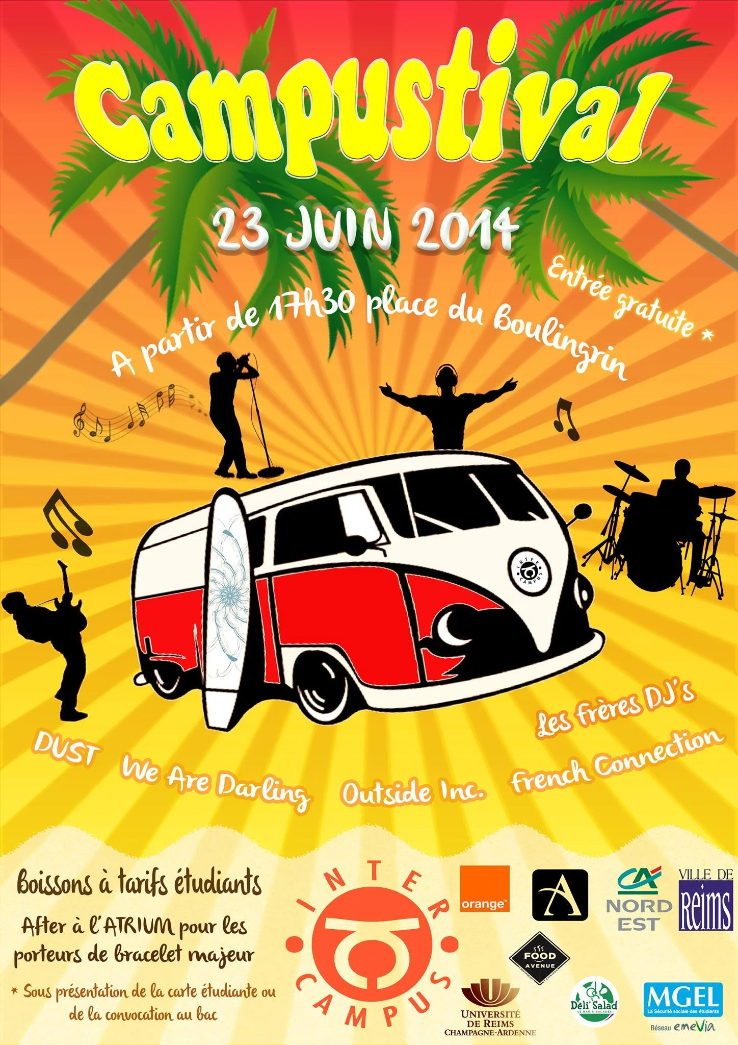 Affiche colorée annonçant un festival étudiant avec des palmiers en arrière-plan, des silhouettes de musiciens et un van vintage, date 23 juin 2014, avec informations sur la nourriture, les boissons, les partenaires et le lieu.