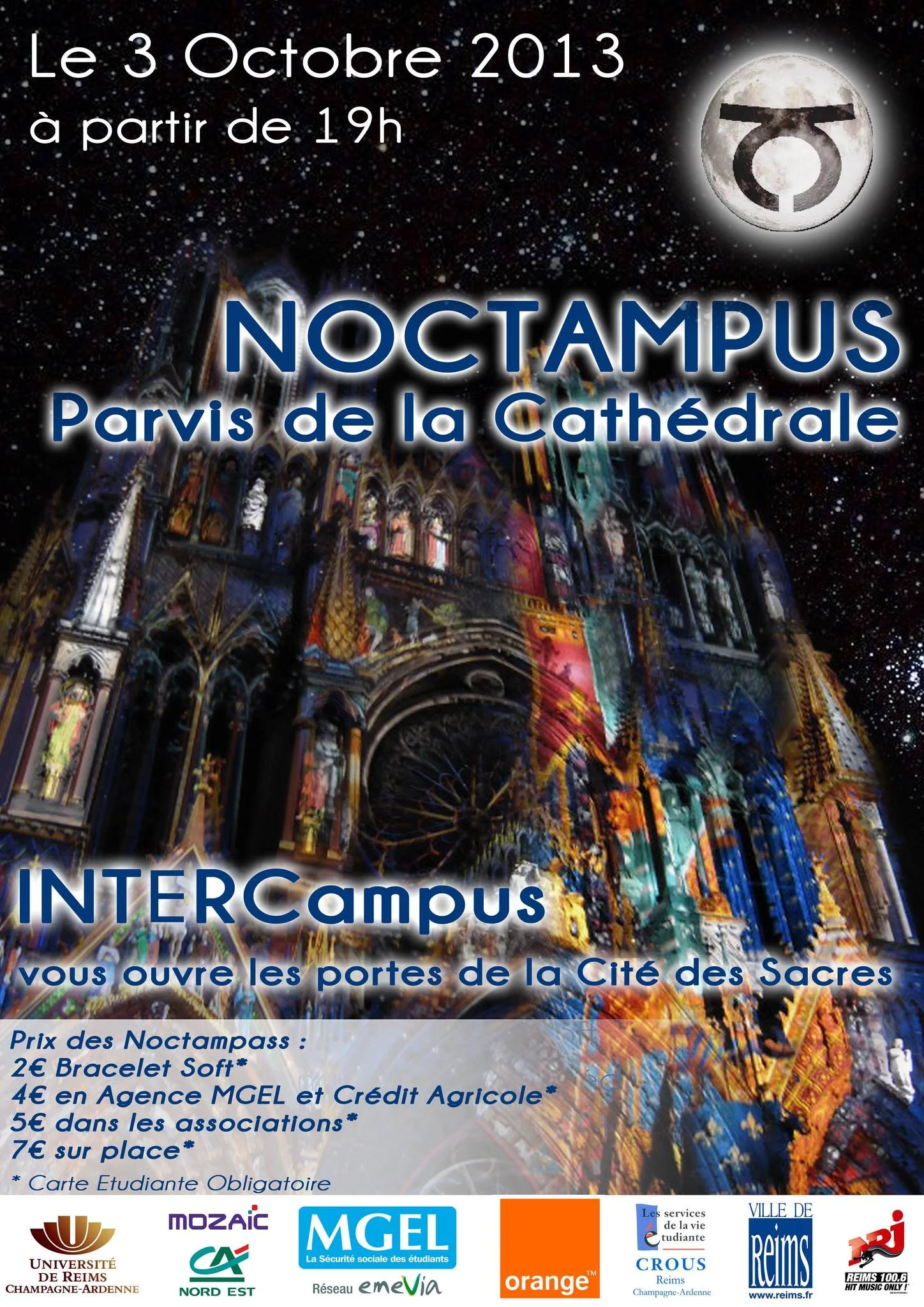 Affiche promotionnelle pour l'événement Noctampus à la cathédrale avec détails de date, heure et prix, montrant une image artistique de la cathédrale illuminée et un logo de la Lune avec un symbole religieux