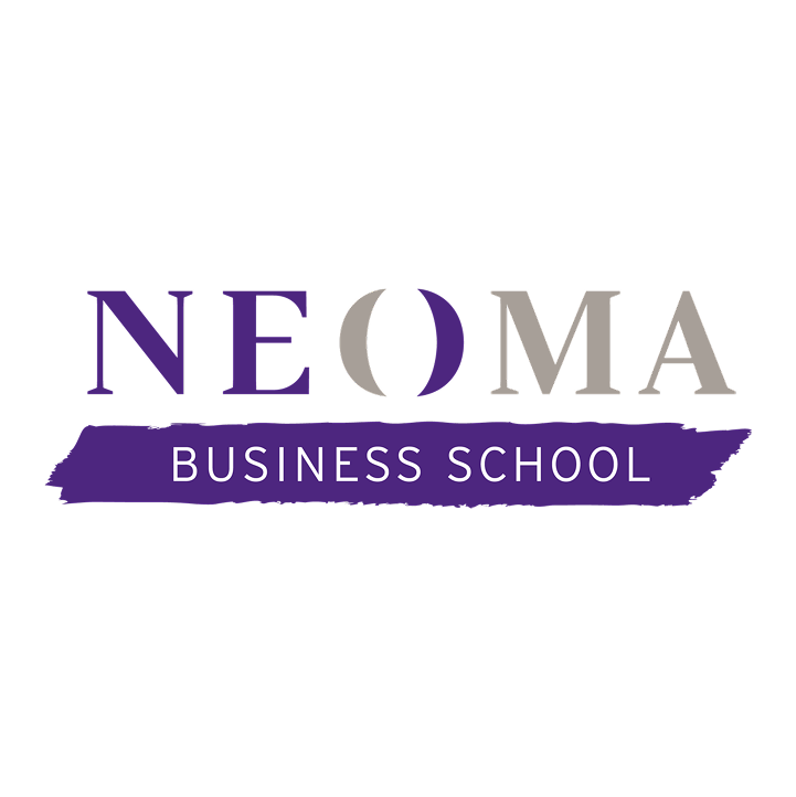 Logo de l'école de commerce NEOMA Business School, avec le nom écrit en lettres majuscules et un fond noir.