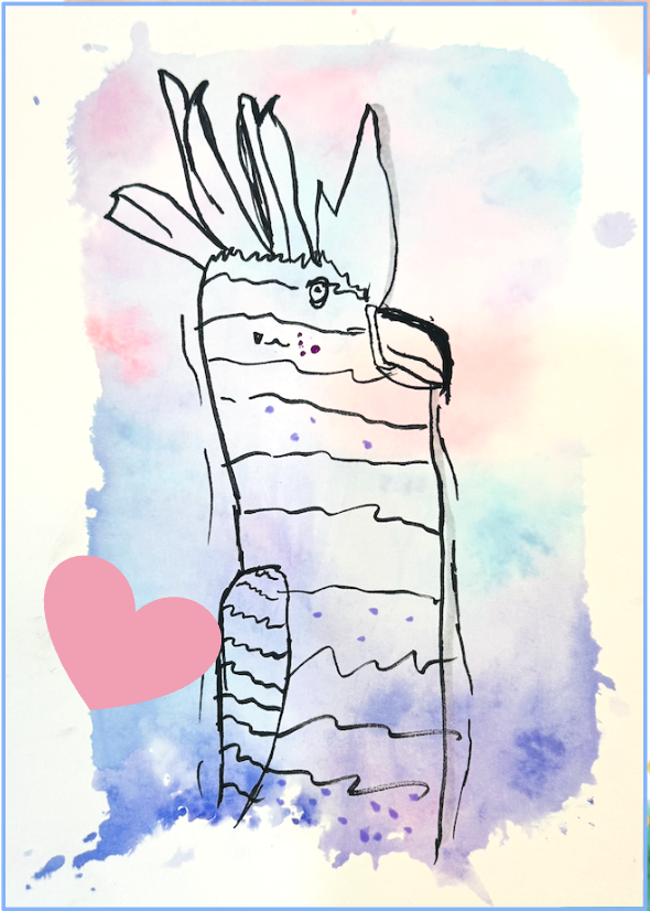 A watercolor painting of a zebra with a single pink heart on the left side, featuring faint washes of blue, pink, and purple in the background.