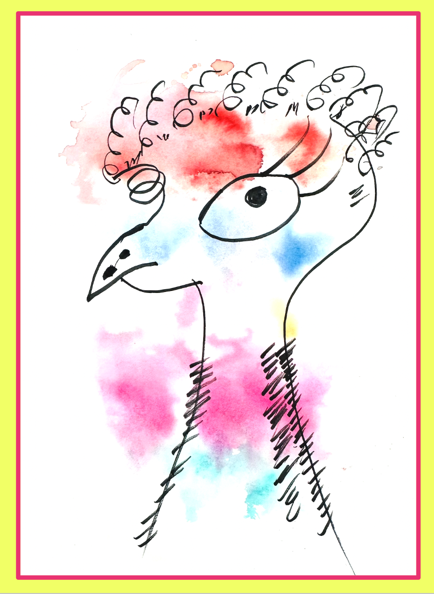 Abstract watercolor illustration of a rooster with black ink outline, featuring colorful splashes of red, blue, pink, and yellow background, framed with a pink and yellow border.