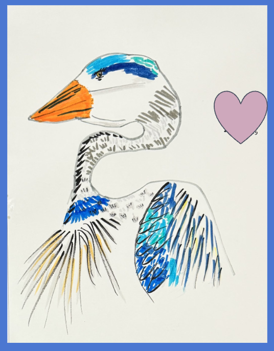 Drawing of a heron with a colorful beak depicted in shades of blue, gray, and orange, with a pink heart symbol nearby.