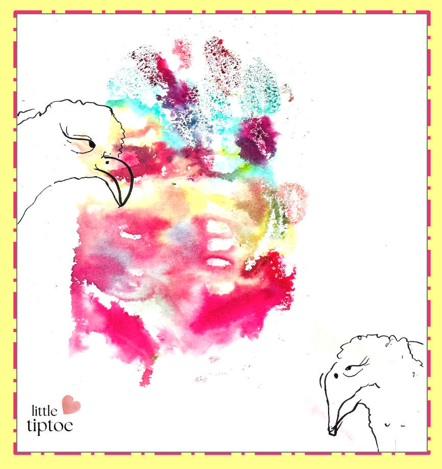 Abstract watercolor painting with two outline sketches of vultures on opposite sides, surrounded by colorful splashes of pink, blue, green, and purple. Text in the bottom left corner reads 'little tiptoe' with a small heart icon.