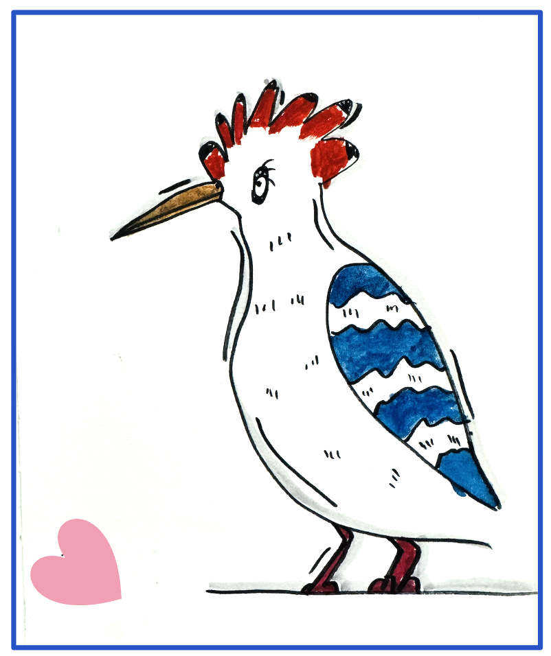 A cartoon drawing of a colorful bird with red crest, blue and white striped wing, and pink legs, standing on the ground next to a pink heart.