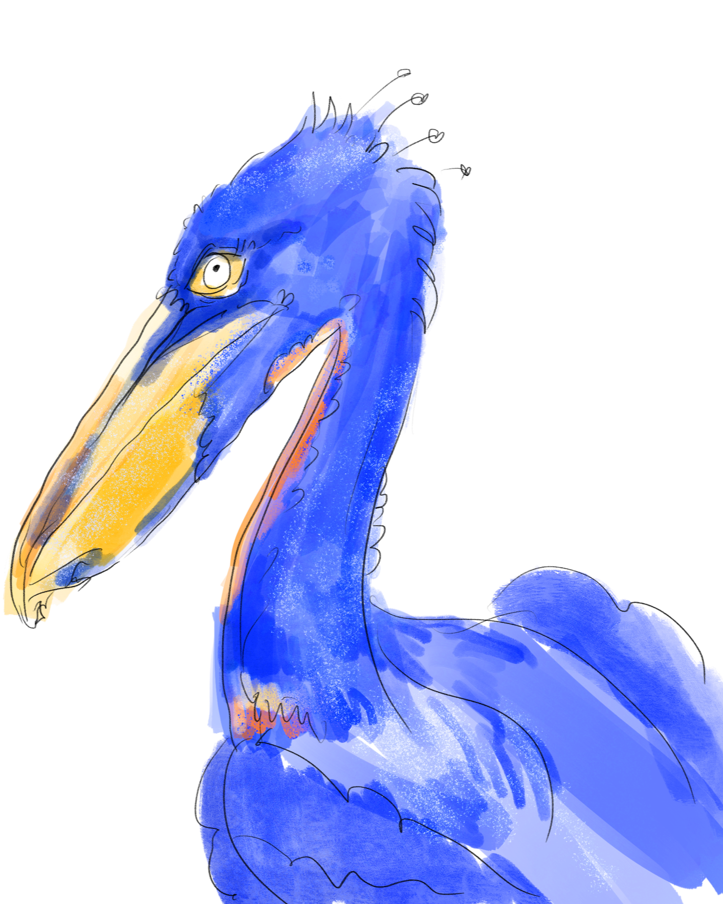Digital illustration of a blue Heron with yellow beak and yellow eye, facing left, set against a blue background.