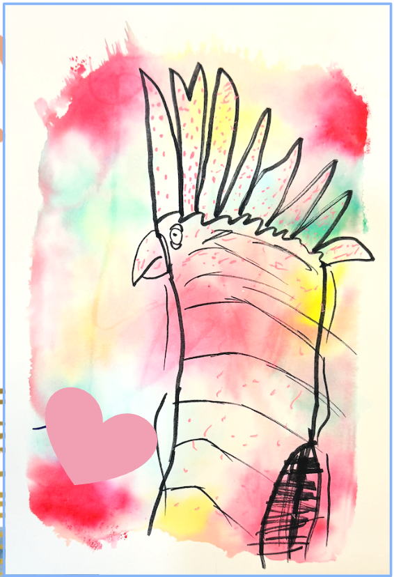 A colorful watercolor illustration of a dinosaur with a long neck and spiky back. The background is a blend of pastel pinks, yellows, and greens. There is a large pink heart in the lower left corner.