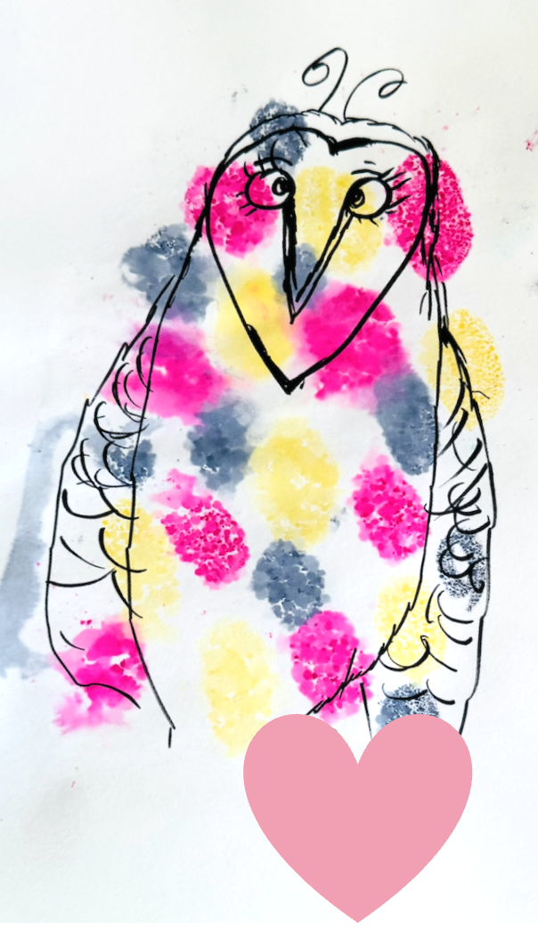 A sketch of an owl with colorful pink, yellow, and gray watercolor splotches behind it and a pink heart at the bottom.