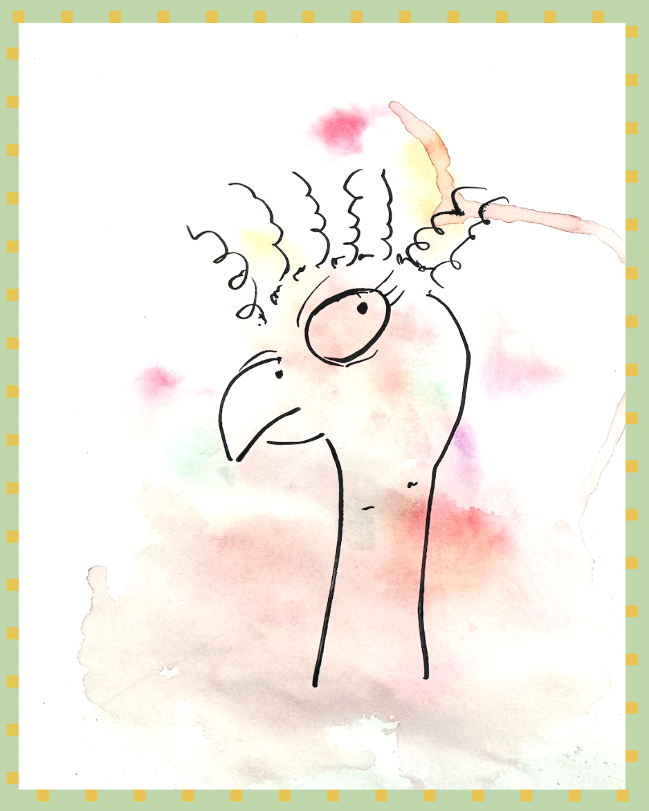 A whimsical watercolor illustration of a hand, with fingers extended upward, playing a trumpet that emits colorful, soft splashes of pink, yellow, and green.