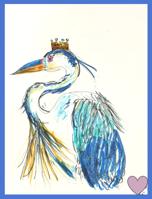 Colorful drawing of a heron wearing a small crown and a purple heart in the bottom right corner.