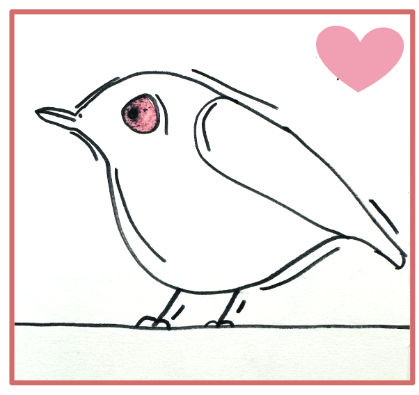 A simple line drawing of a bird with a pink eye and a pink heart in the top right corner.