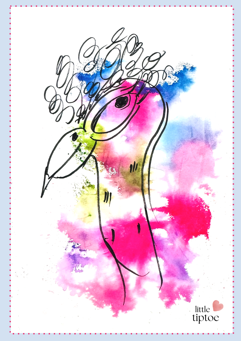 A colorful, abstract watercolor painting of a flamingo, with a loose, sketchy black outline, featuring pink, blue, and yellow hues, and the words "little tiptoe" with a small pink heart at the bottom right corner.