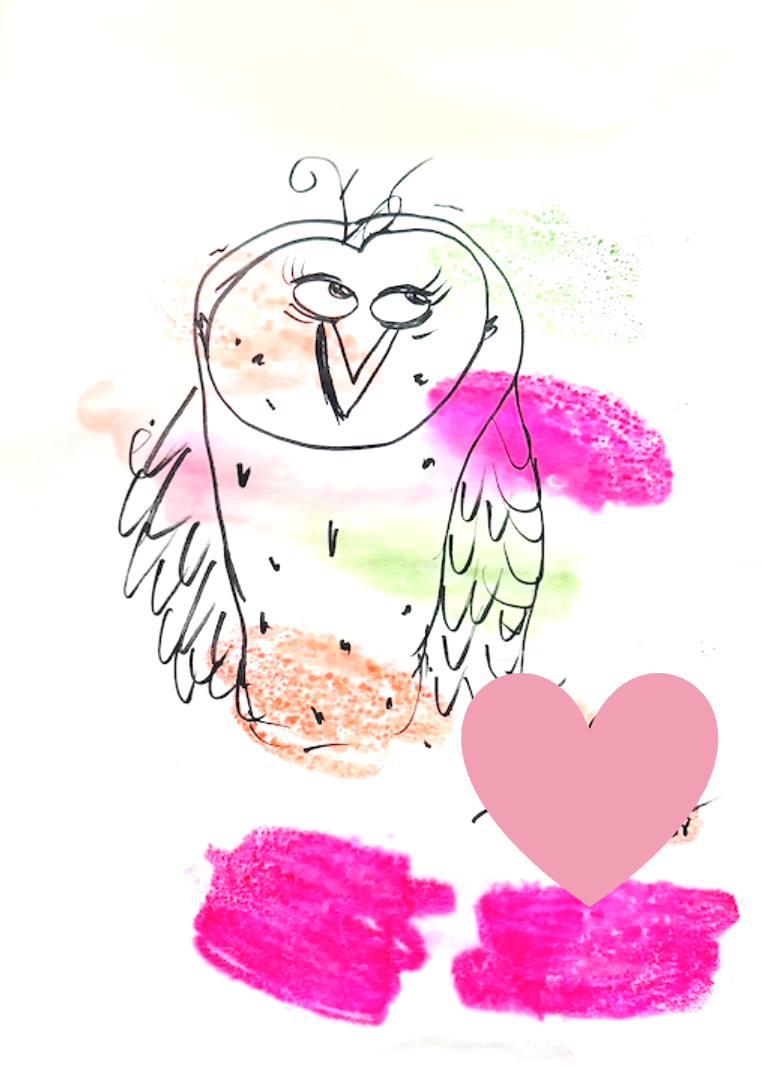 A sketch of an owl with a heart shape in front of it and colorful abstract splashes in pink, green, and orange in the background.