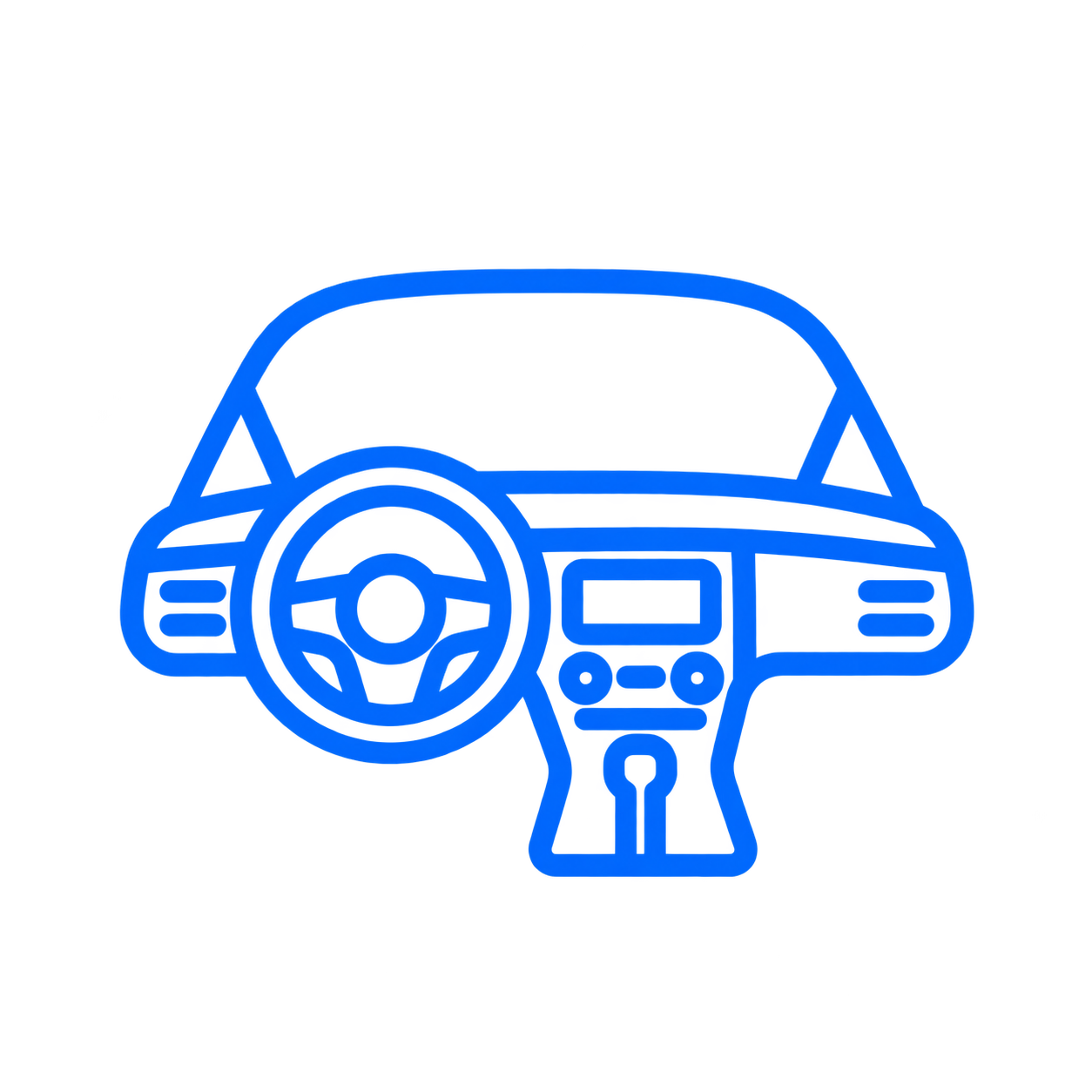 Neon outline of a car dashboard and steering wheel in blue.