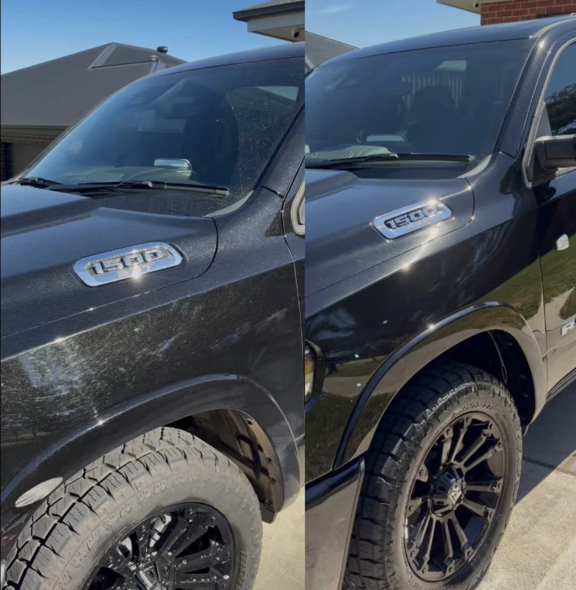 Comparison of two black pickup trucks showing the front fender badges with the model '1500'. The left image depicts a truck with dusty, dirty surface and a tire with a rough tread, while the right image shows a cleaner surface with a shiny tire and wheel.