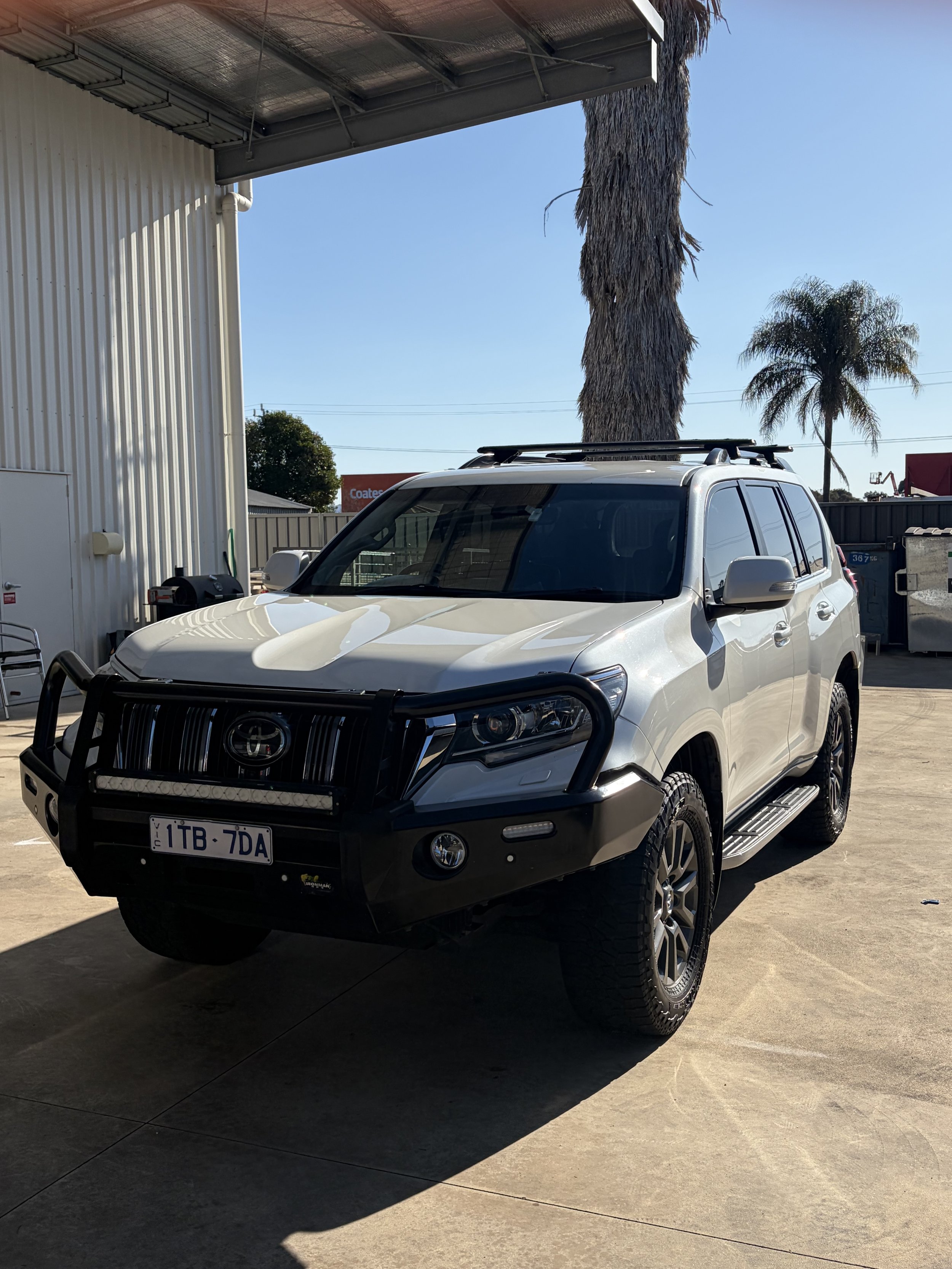 A white SUV parked in a lot next to a building with a corrugated metal exterior and a large palm tree in the background. The vehicle has a black front bumper guard and a roof rack, and the sun casts a shadow on the pavement.