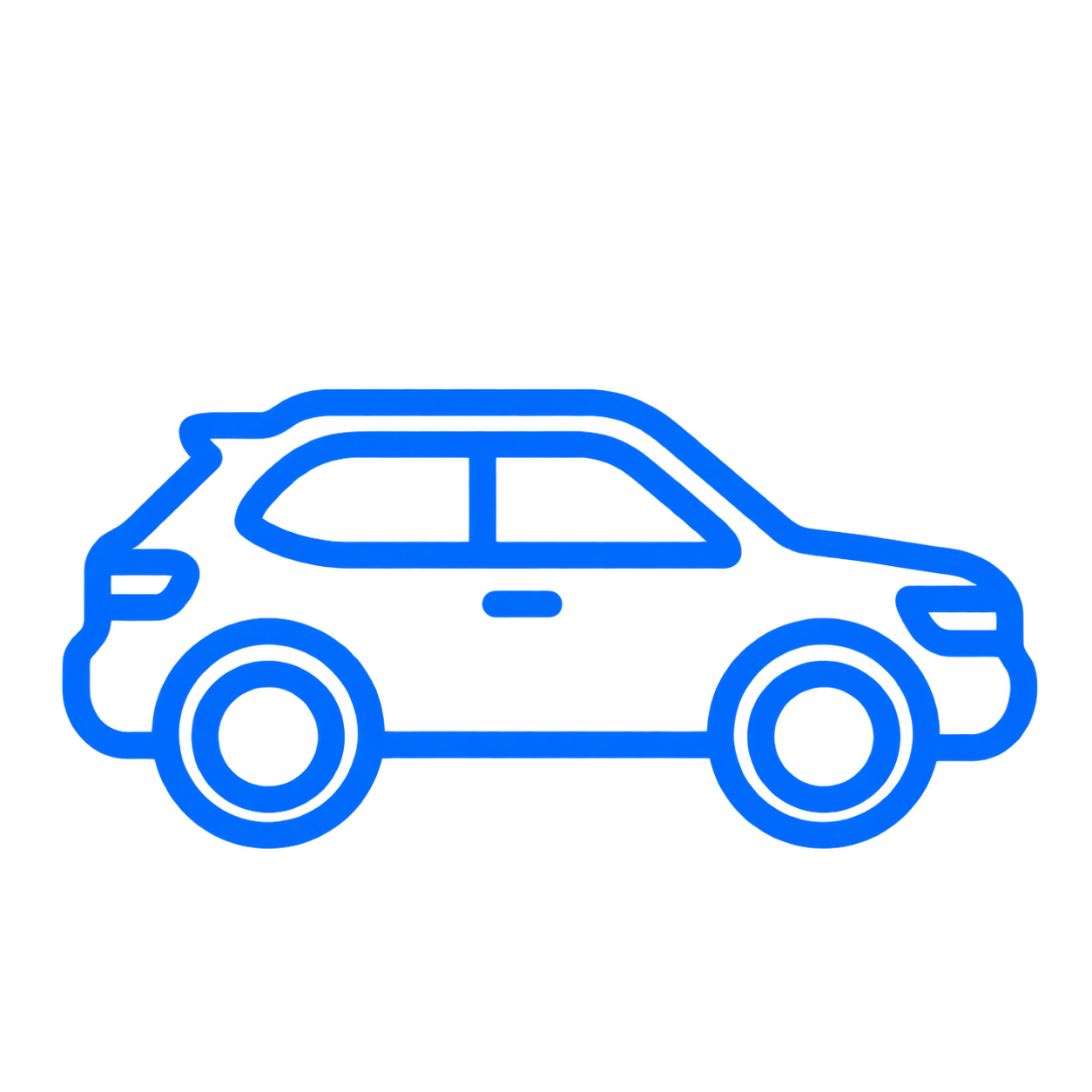 A neon blue outline of a compact SUV, facing left, with simple geometric features and circular wheels, on a black background.