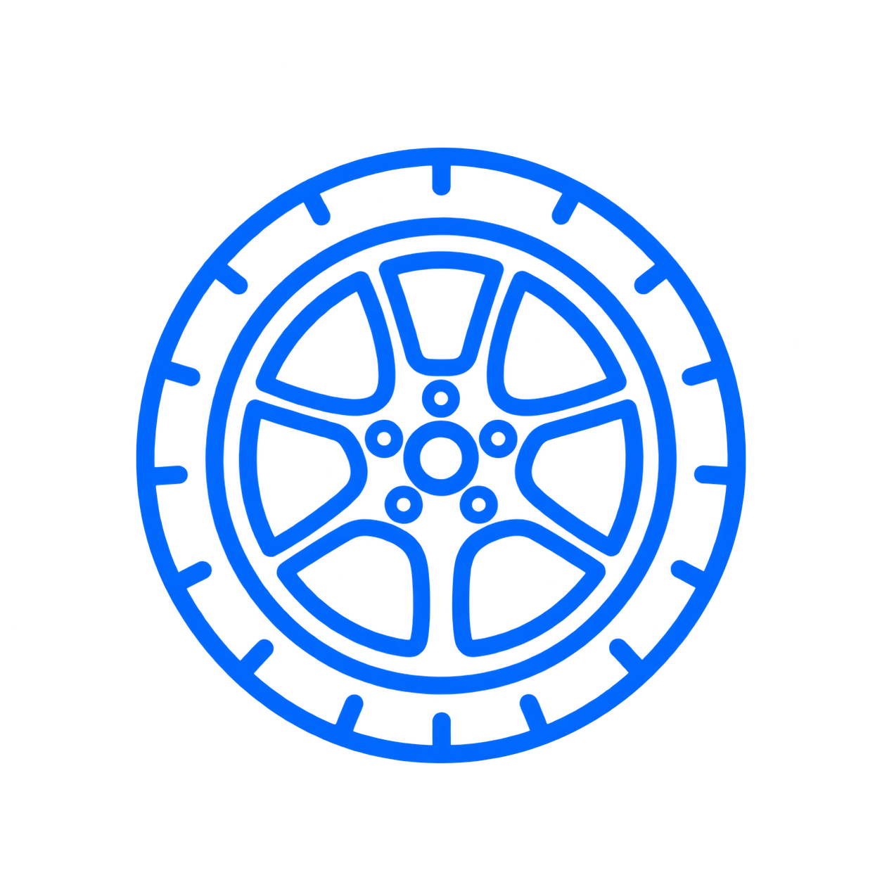 Neon blue outline of a car wheel rim on a black background.