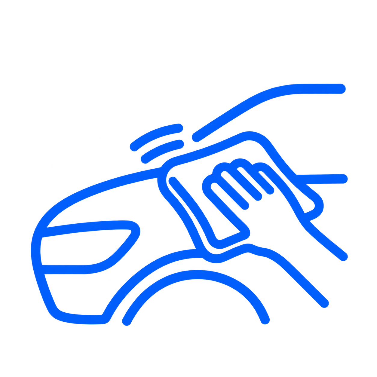 Neon blue outline of a person's face and hand, with a stylized play button integrated into the design. The image has a black background.