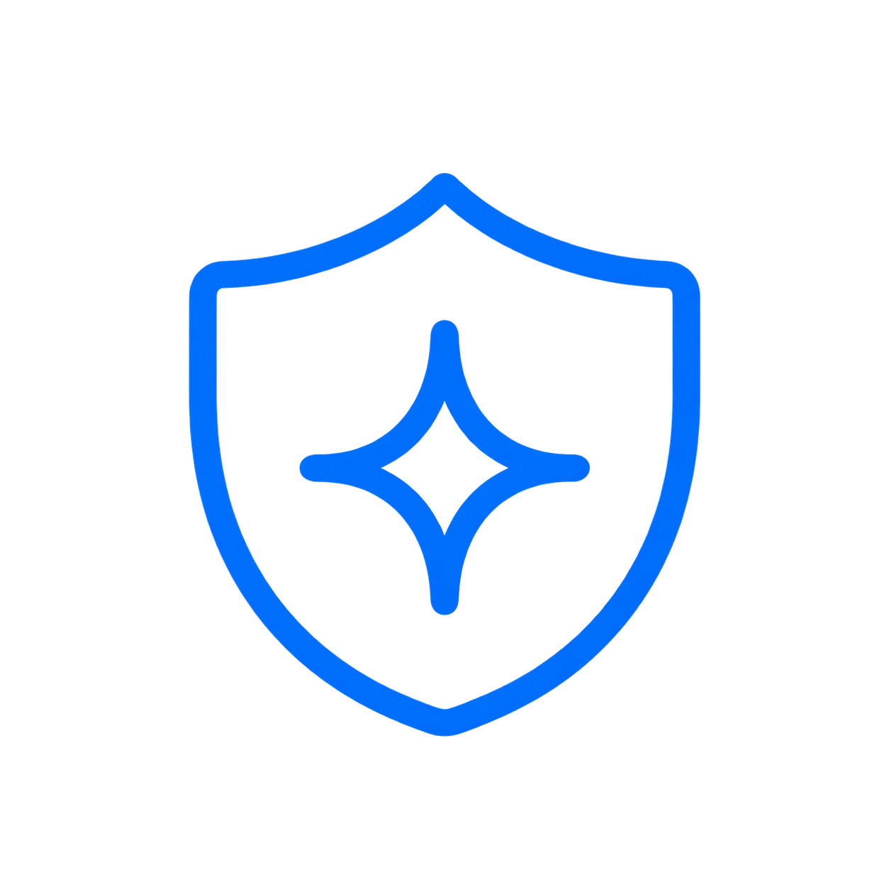 Blue neon security shield icon with a star-like symbol in the center on a black background.