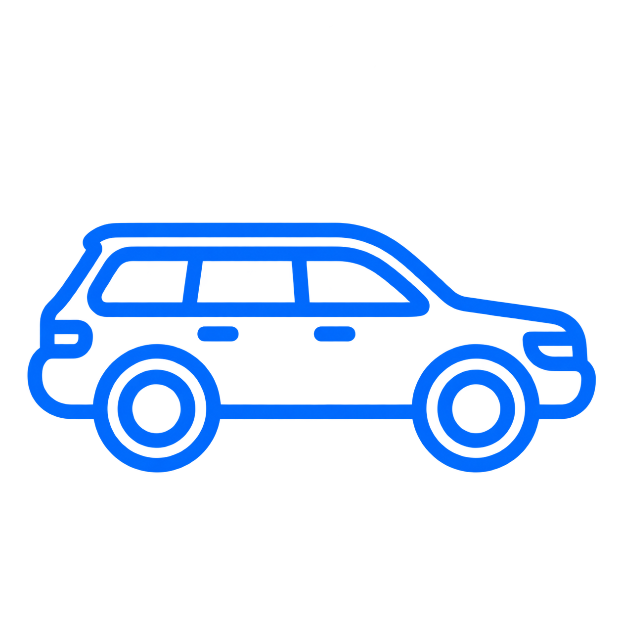 Blue outline of an SUV vehicle with discernible doors, windows, and wheels.