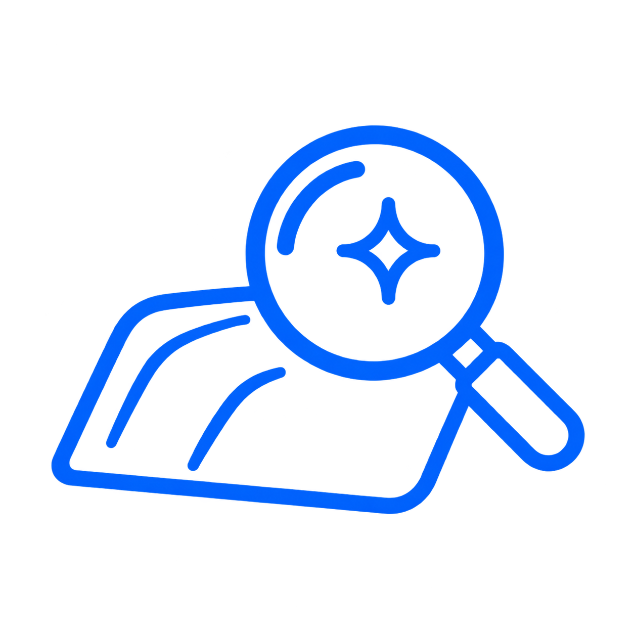 Blue outline icon of a person with a magnifying glass inspecting a star-shaped sparkle.
