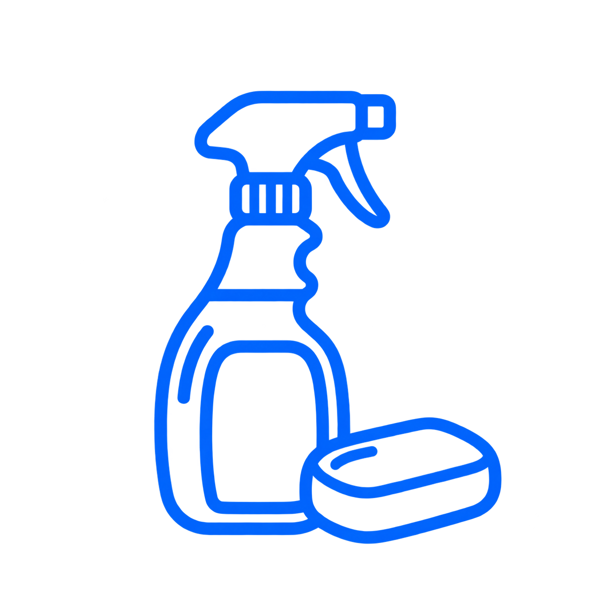 Neon-style blue outline of a cleaning spray bottle, a cleaning sponge, and a cleaning cloth.