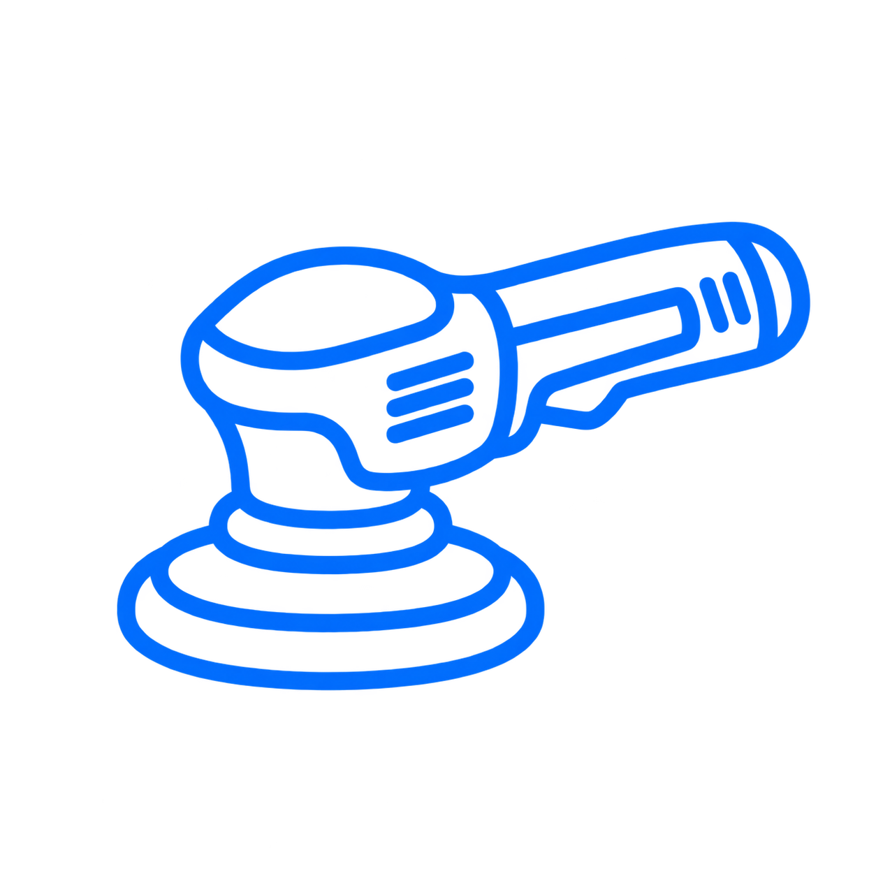 Blue neon outline of a power sander or rotary tool on a black background.