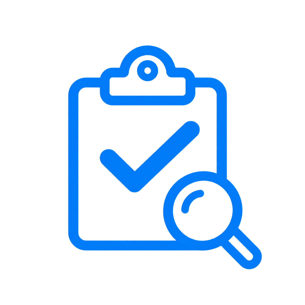 Blue icon of a clipboard with a checkmark and a magnifying glass.