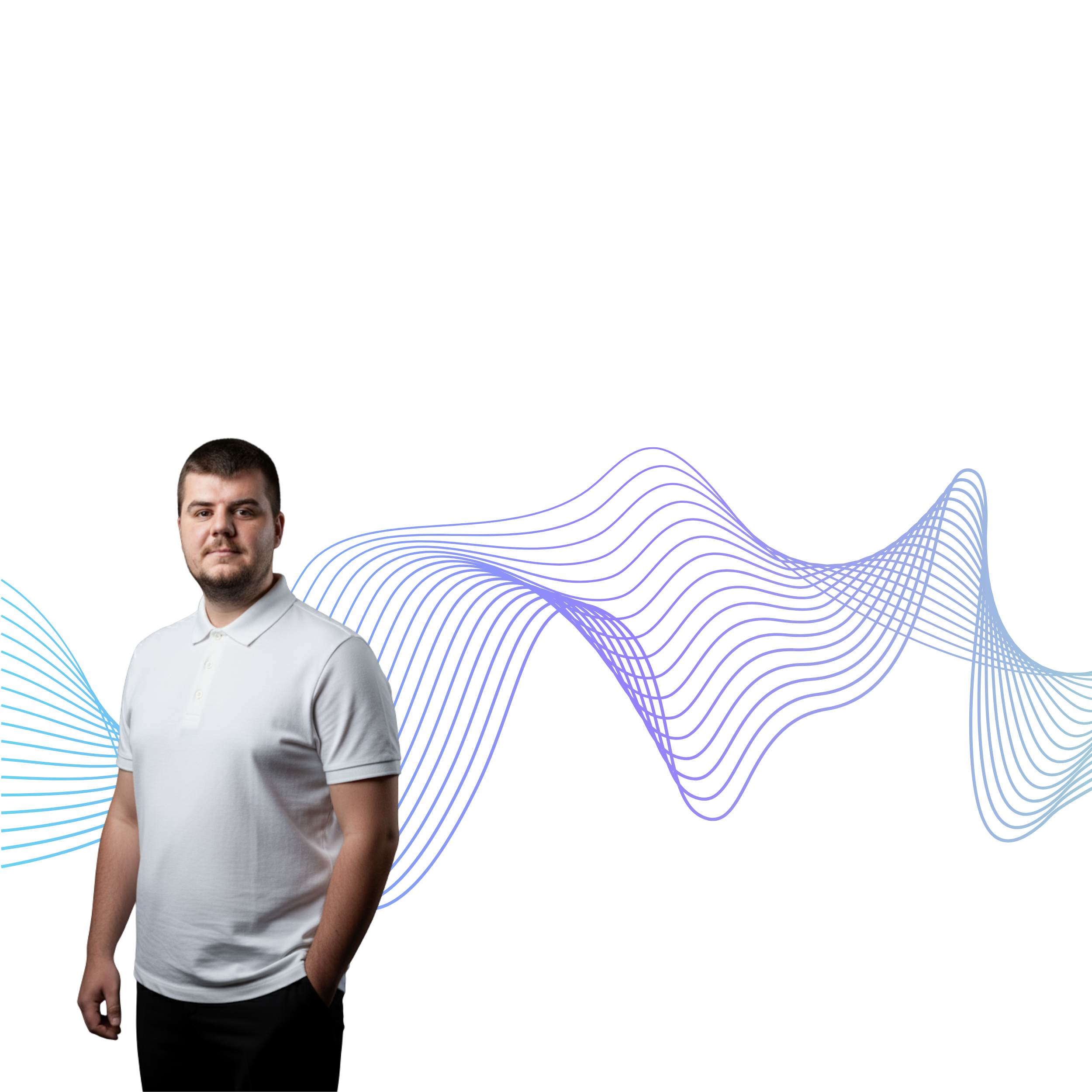 A man with short dark hair and a beard stands in front of a digital background with colorful data charts and graphs.