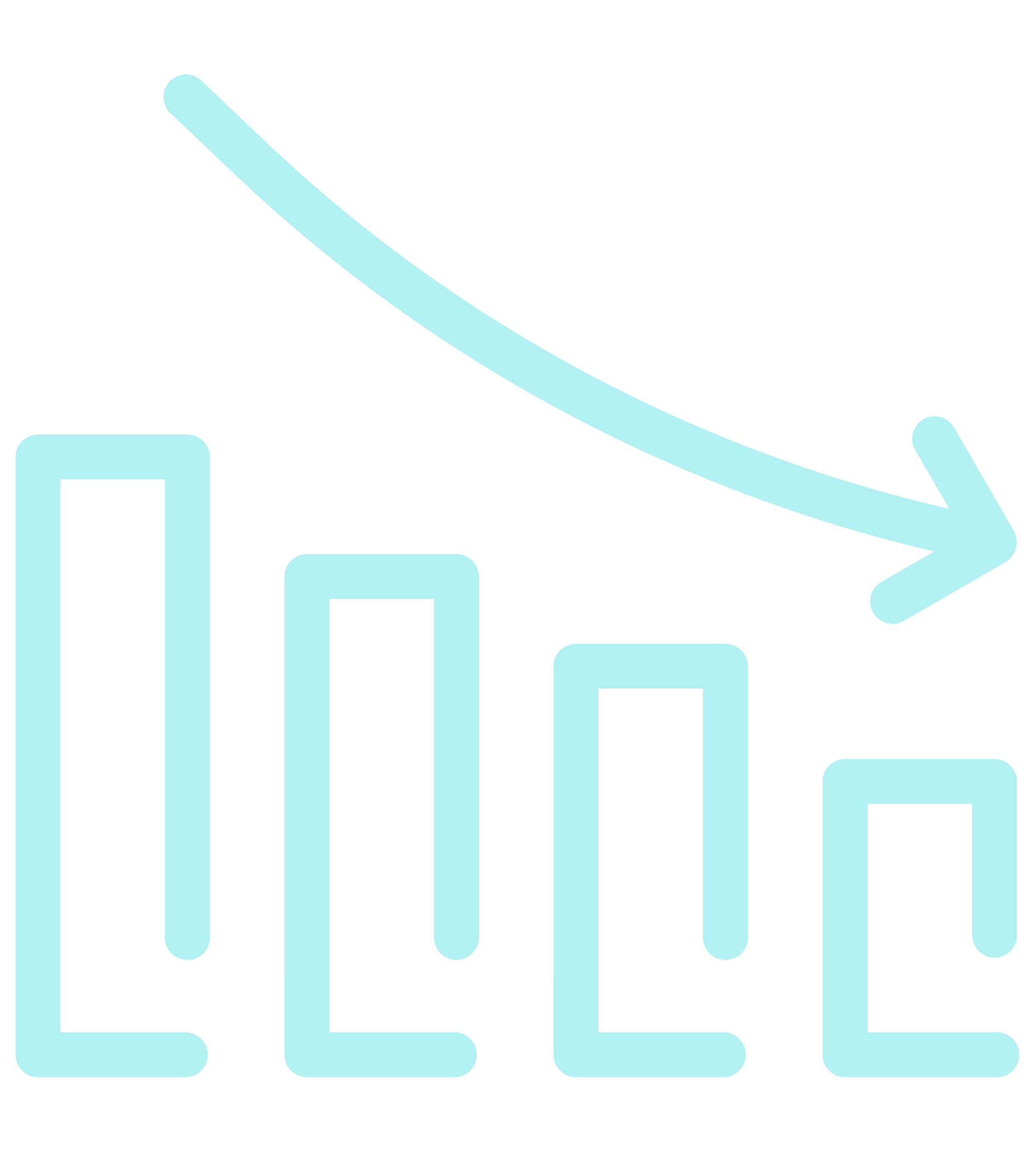 Light blue bar graph with a downward trend arrow against a black background.