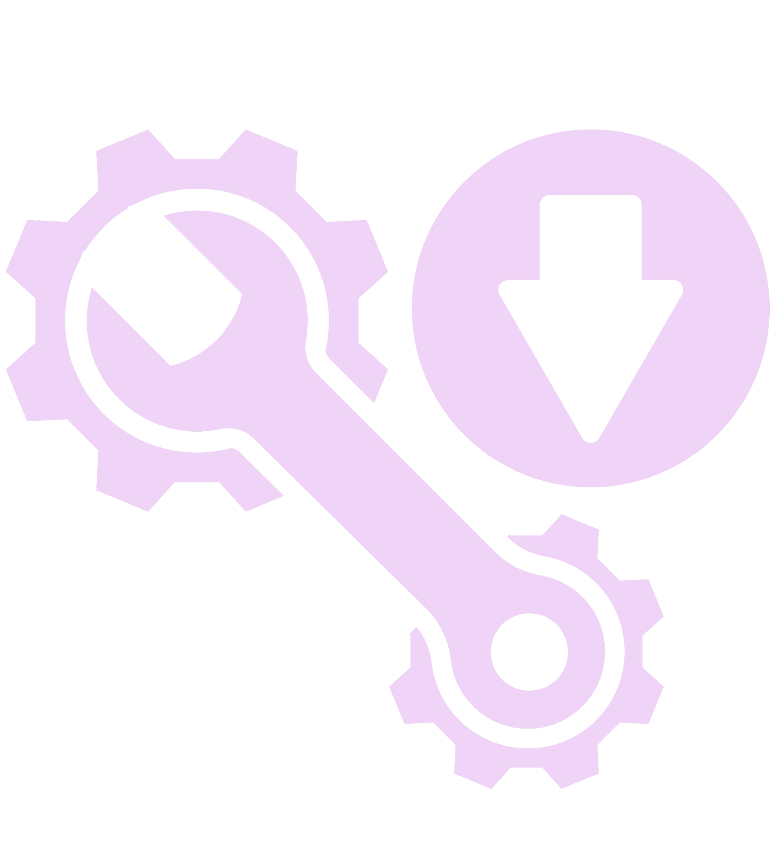 A graphic illustration of a purple gear and wrench with a download arrow in a purple circle.