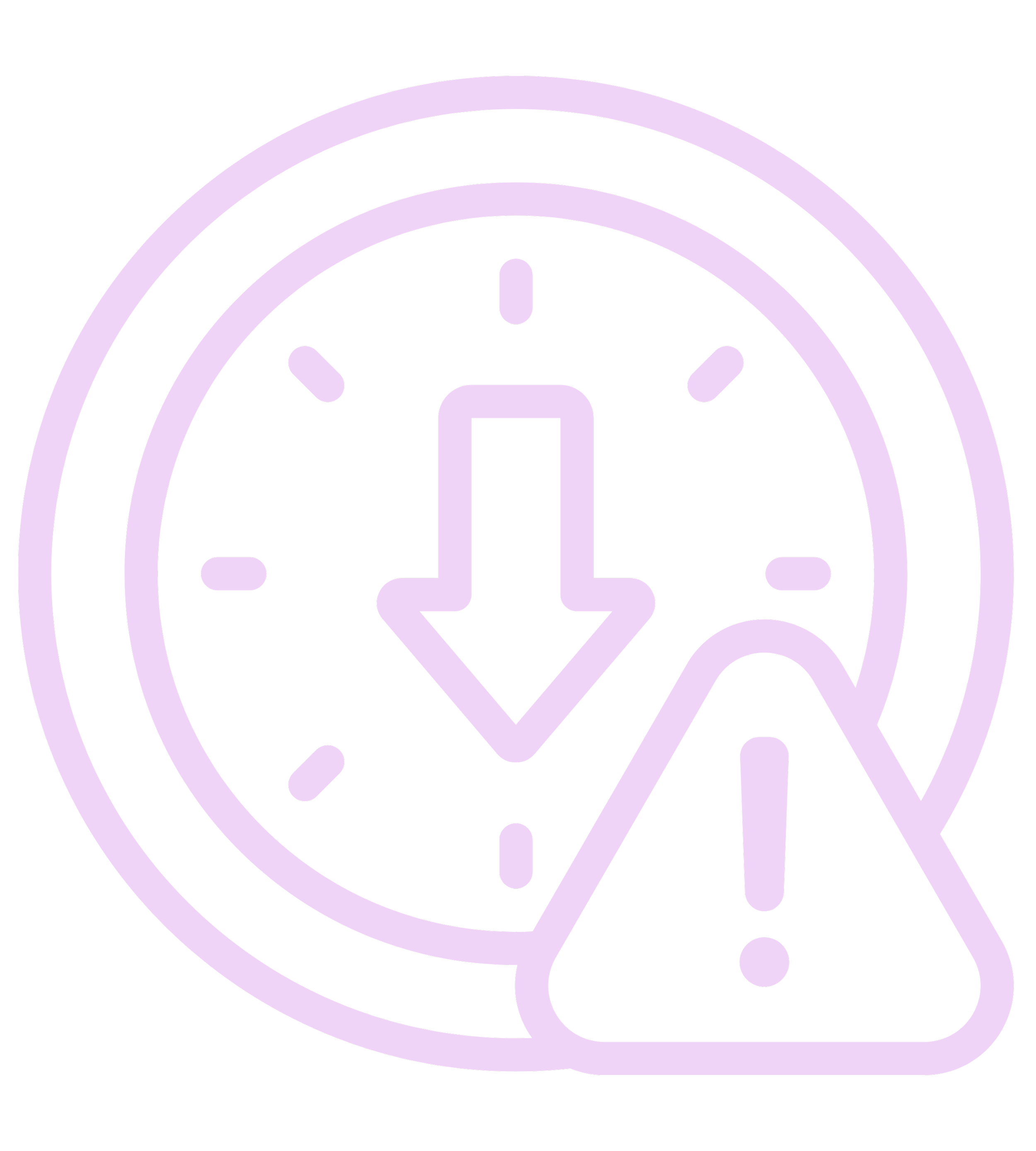 A purple neon clock with an arrow pointing down and a warning triangle with an exclamation mark in front.