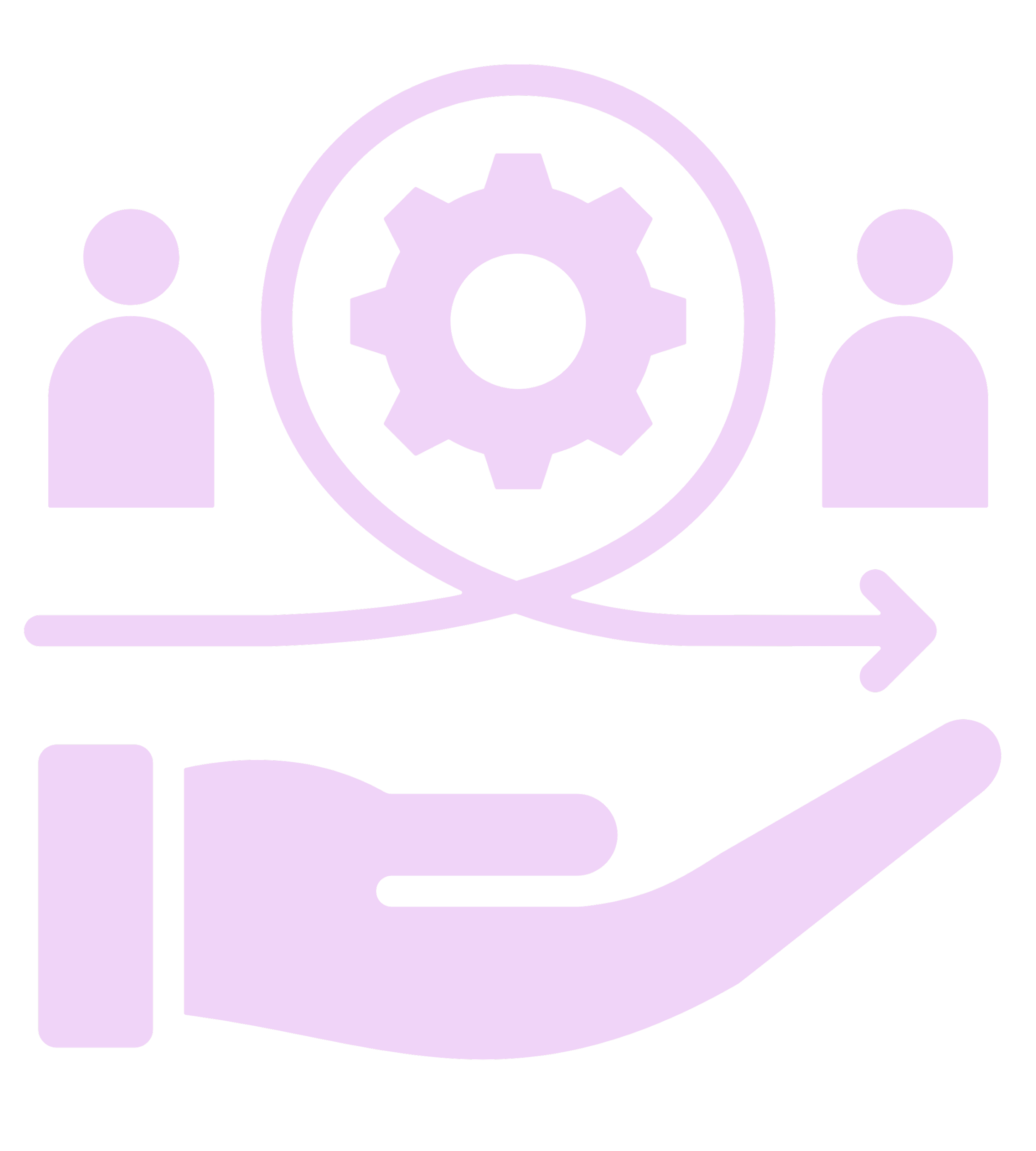 Icon of a hand holding a gear and two stylized people, representing teamwork or support in a technical or process setting.