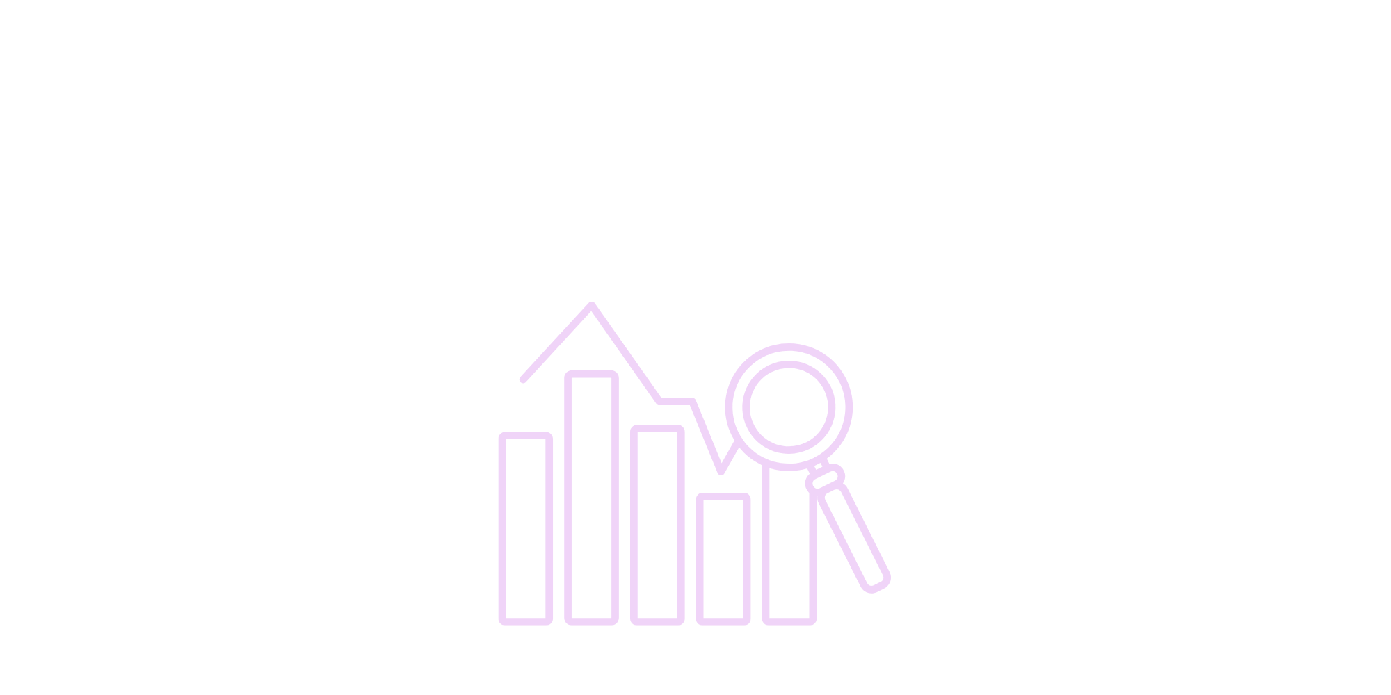Text 'Data-driven' above a line graph with four bars and a magnifying glass icon, all in purple, on a black background.