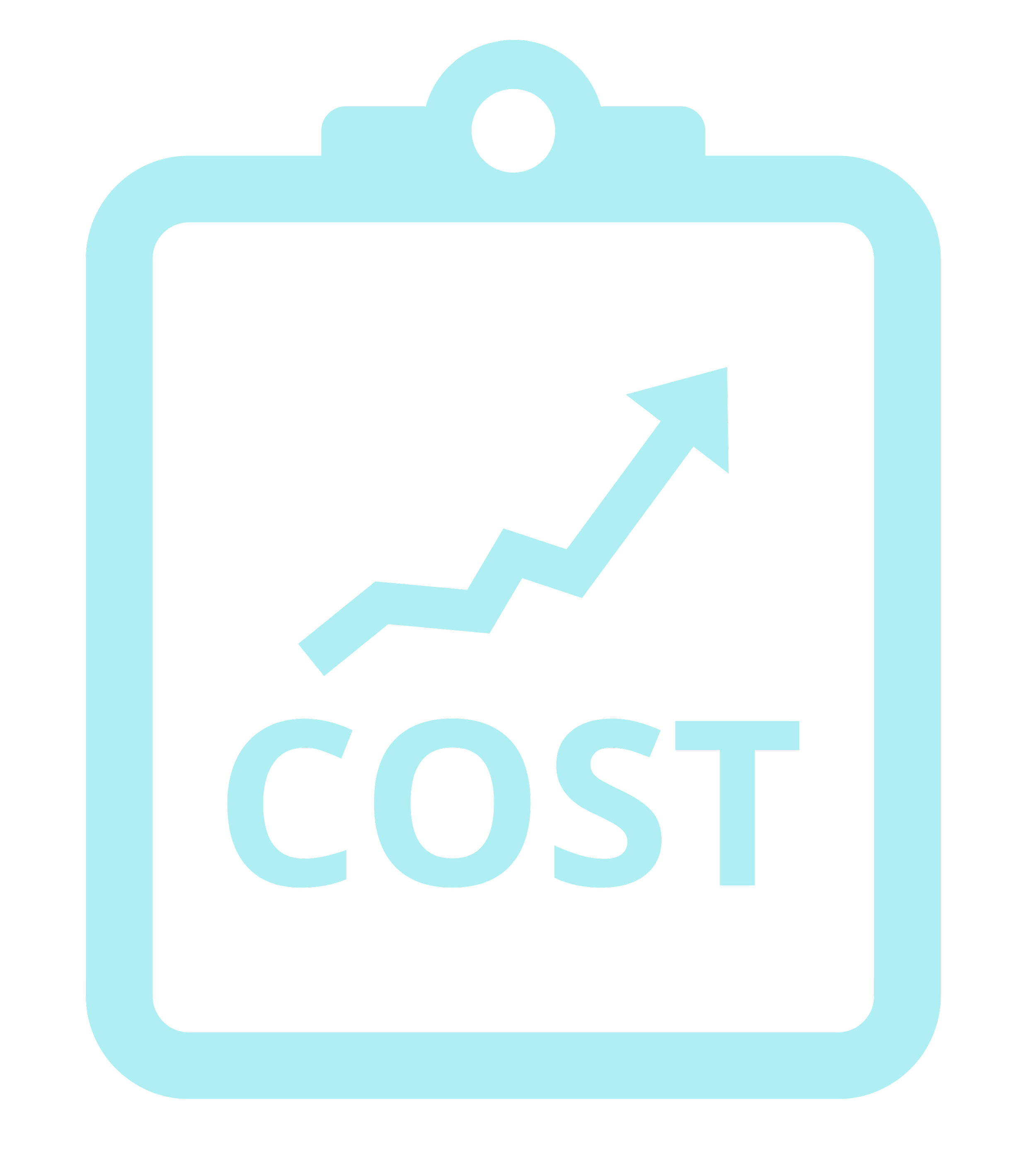 A graphic of a clipboard with an upward trending arrow and the word 'COST' underneath, representing increased expenses or rising costs.