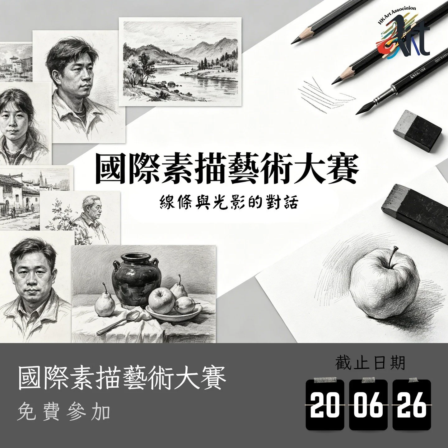 2026 國際素描藝術大賽
截止遞交日期：20-06-2026
結果公佈日期：27-06-2026
參賽費用： 免費參加
得獎者獲頒獎座 /獎牌 /證書

✨比賽內容
✅報名詳情：https://www.hk-art.com/2026-sketch
✅Whatsapp報名: https://wa.link/8ppvvv
✅報名表格下載: https://forms.gle/2s7hqDiceY9XJK238

一支筆，勾勒無限可能!
素描，是一切視覺藝術的根基，也是創意最純粹的起點。2026 年