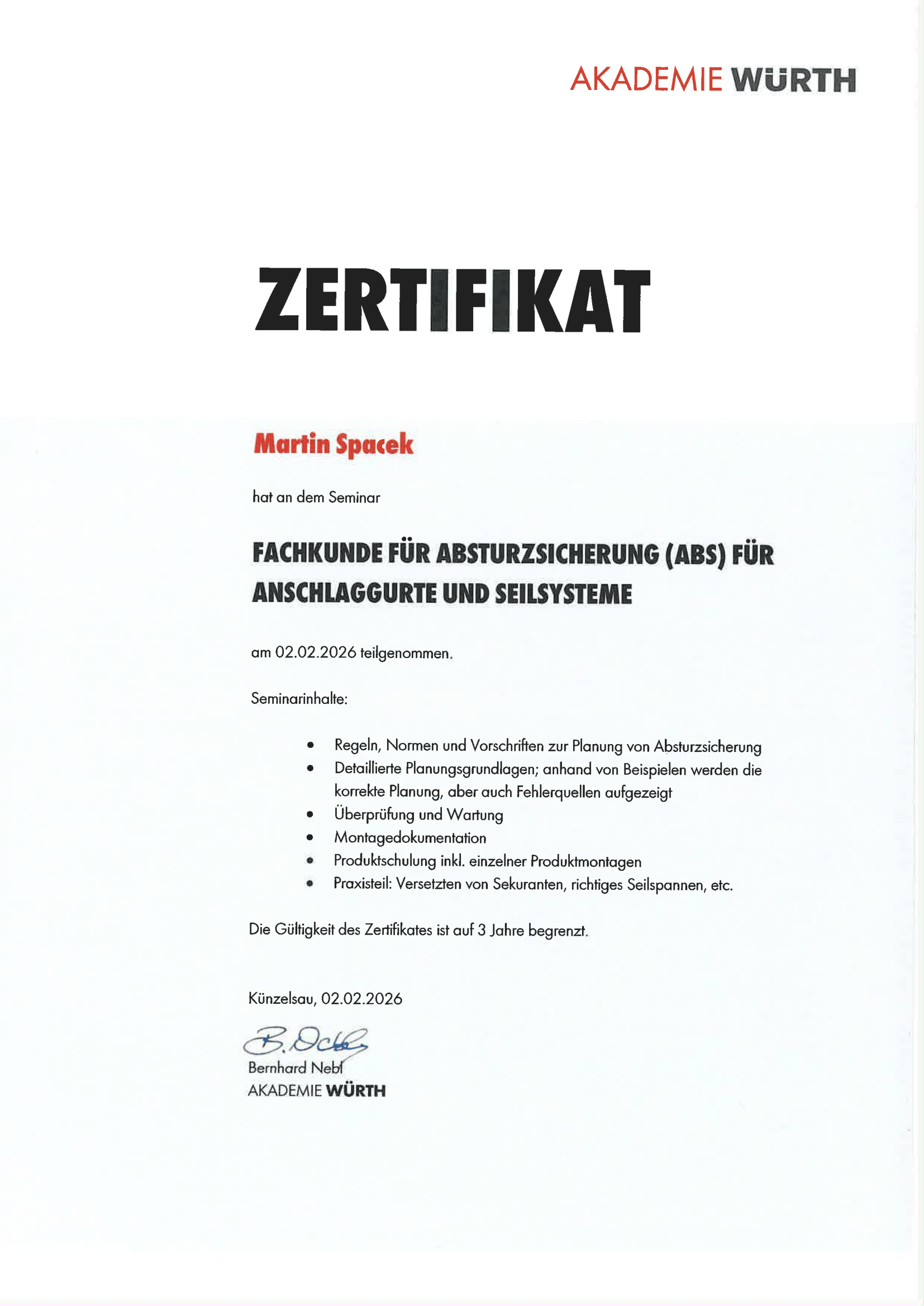 Zertifikat : Fachkunde für Absturzsicherung ABS Anschalggurte und Seilsysteme