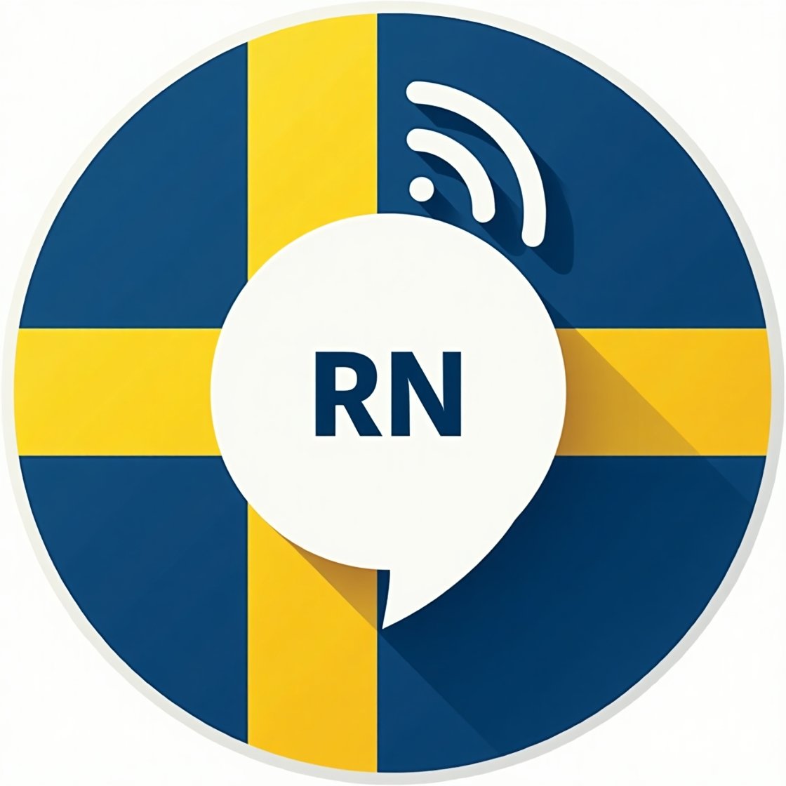 Circular badge with blue and yellow segments, a Wi-Fi icon in the top right, and the letters 'RN' in the center.