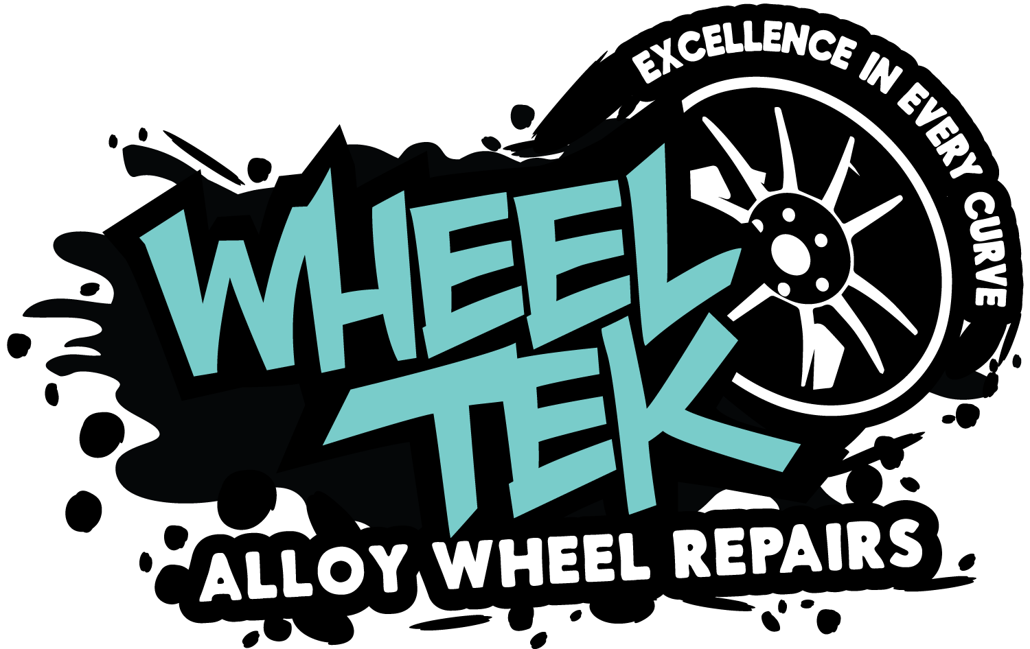 Logo for Wheel Tek, an alloy wheel repair business, featuring stylized text and a wheel illustration with spokes, and the slogan 'Excellence in Every Curve'.