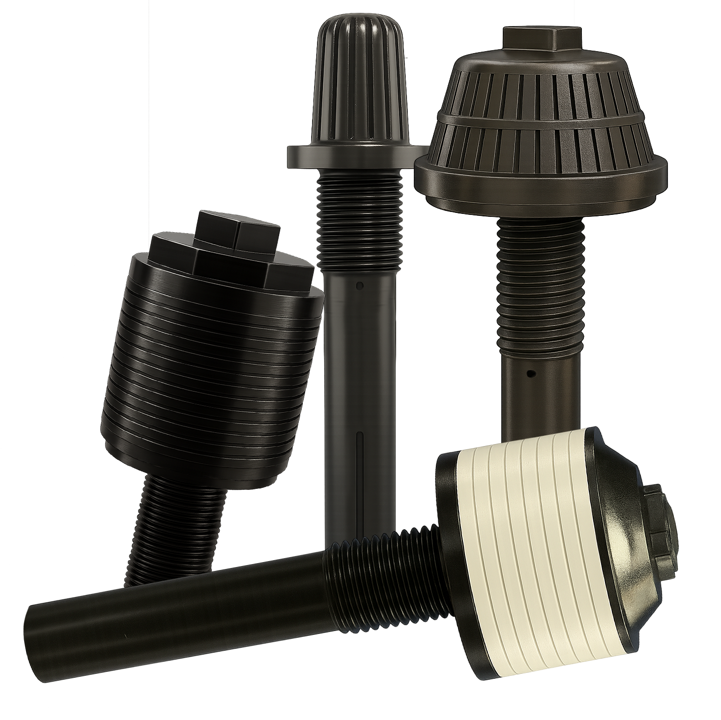 Verschiedene schwarze und weiße Filterdüsen und Aufsätze auf in Kunststoff-Material.