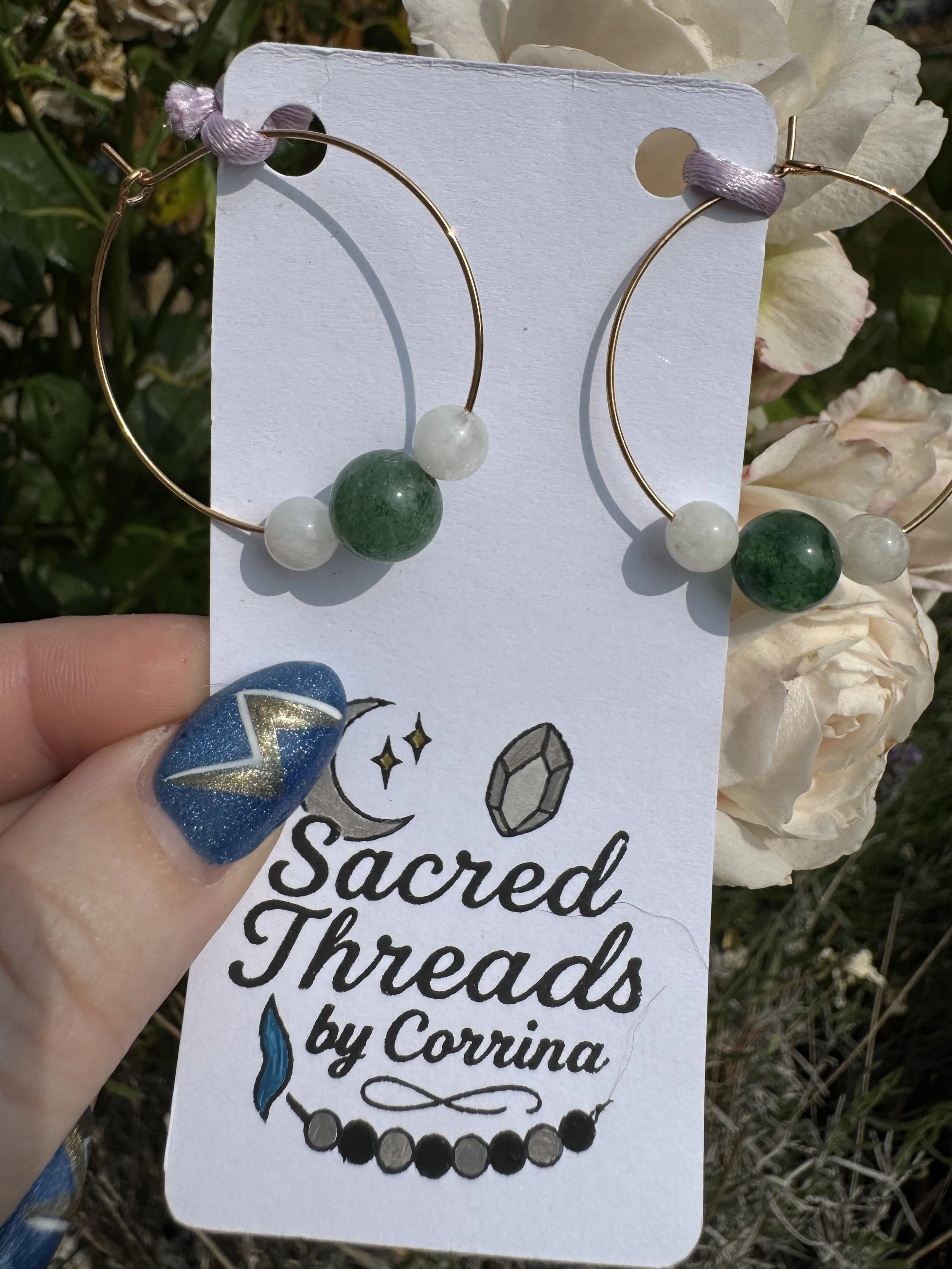 Green Strawberry Quartz & White Moonstone Beaded Earrings (Gold Toned)