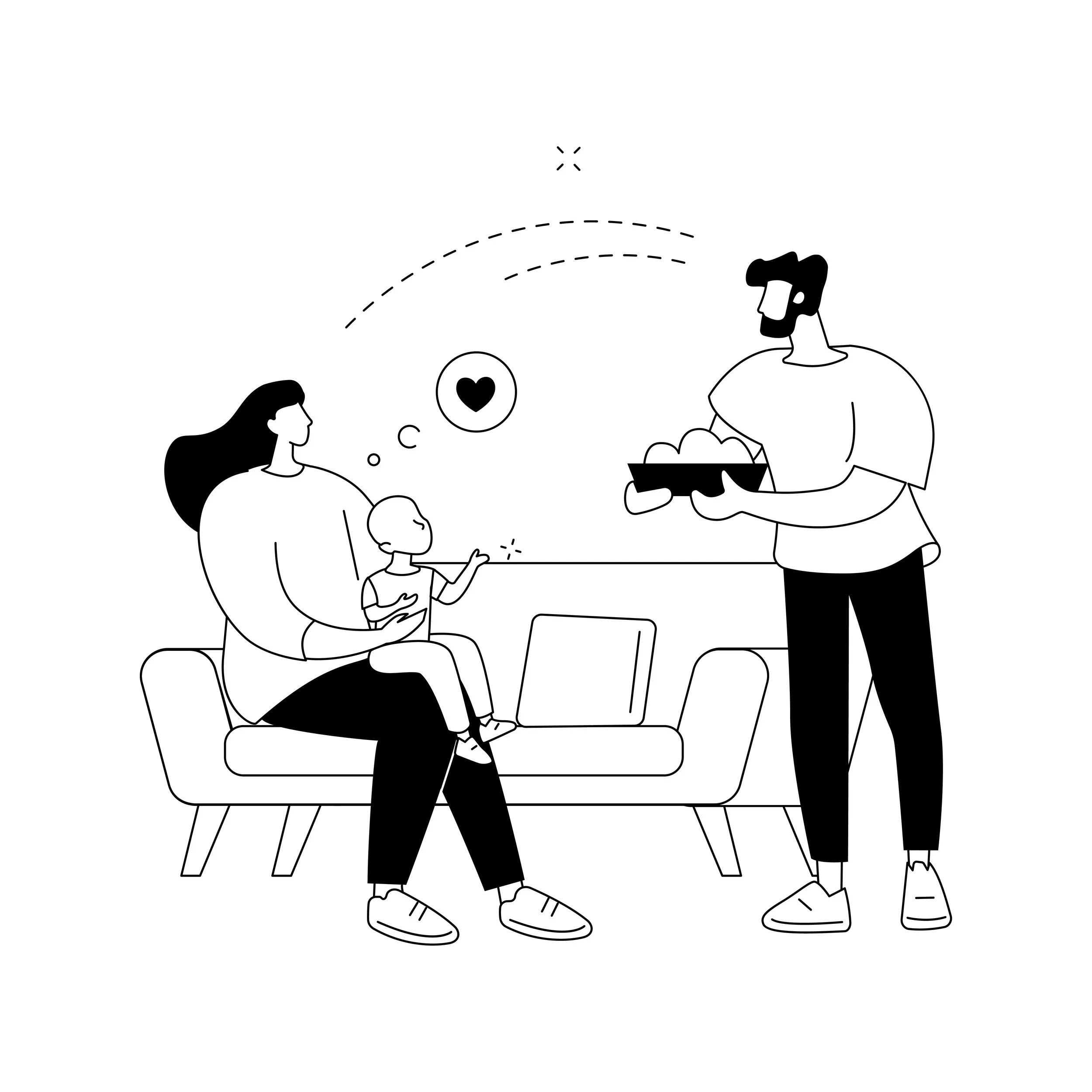 Dessin au trait représentant une femme assise sur un canapé, un enfant sur les genoux, à qui un homme debout à proximité tend une assiette de nourriture, avec un cœur et une bulle de pensée au-dessus de la femme.