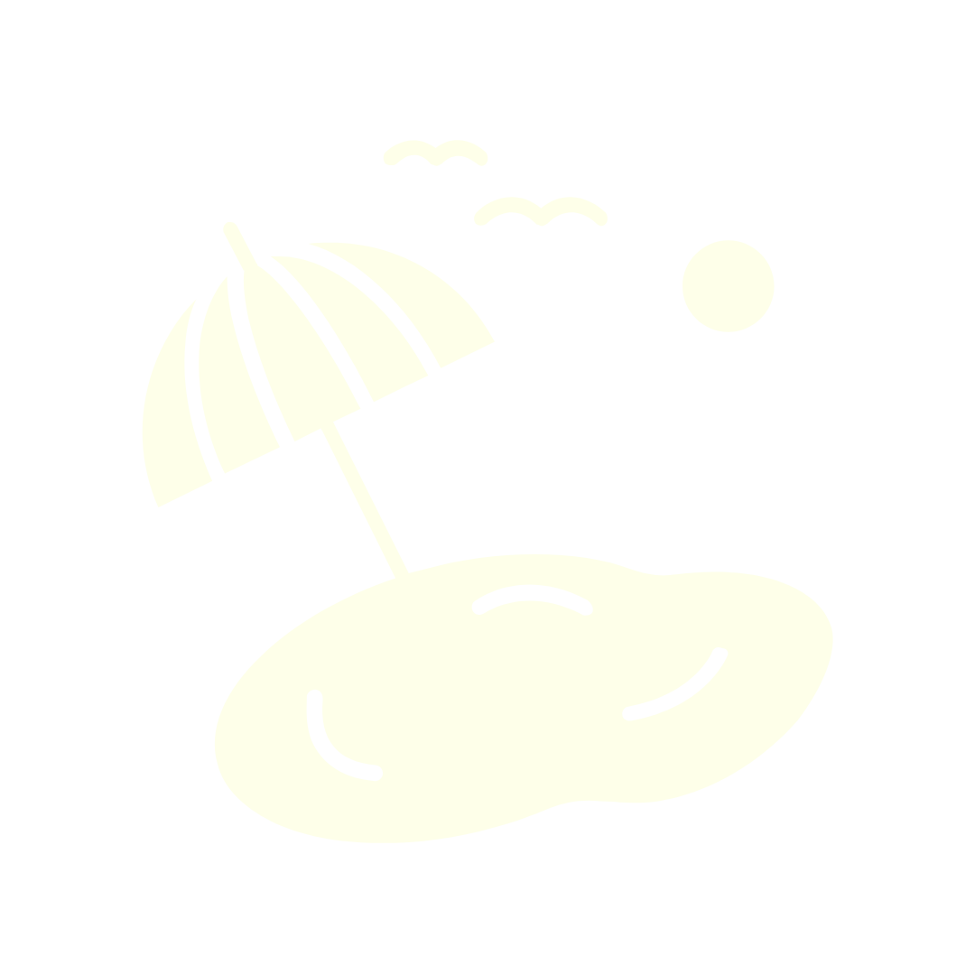 Silhouette of a beach scene with an umbrella, a small island or rock, seagulls flying, and a setting or rising sun.