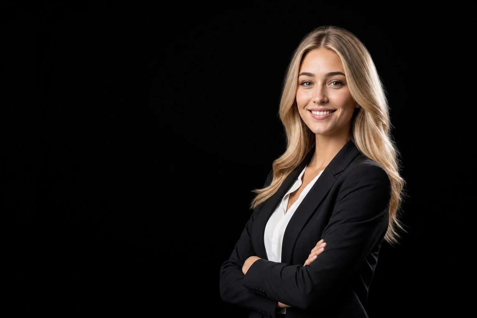 A professional woman with long blonde hair, wearing a black blazer over a white blouse, smiling and crossing her arms against a black background.