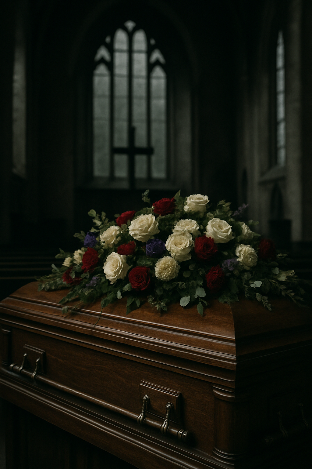 A wooden casket decorated with a bouquet of white, red, purple, and cream flowers in a dimly lit church interior with gothic-style windows.